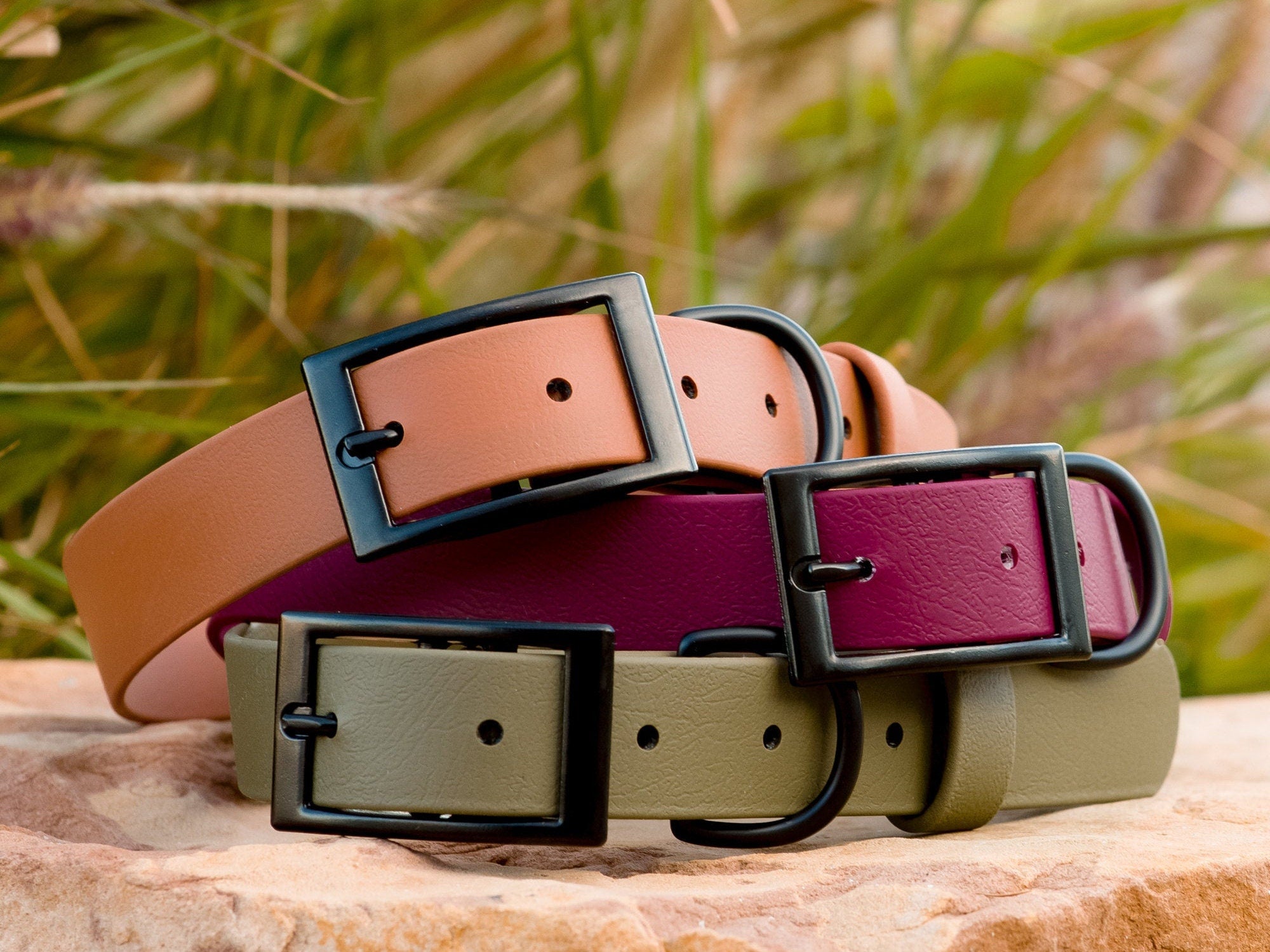 biothane collars in caramel, wine and olive with matte black hardware