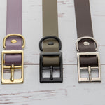 hardware finishes on biothane buckle collars in solid brass, matte black and chrome plated