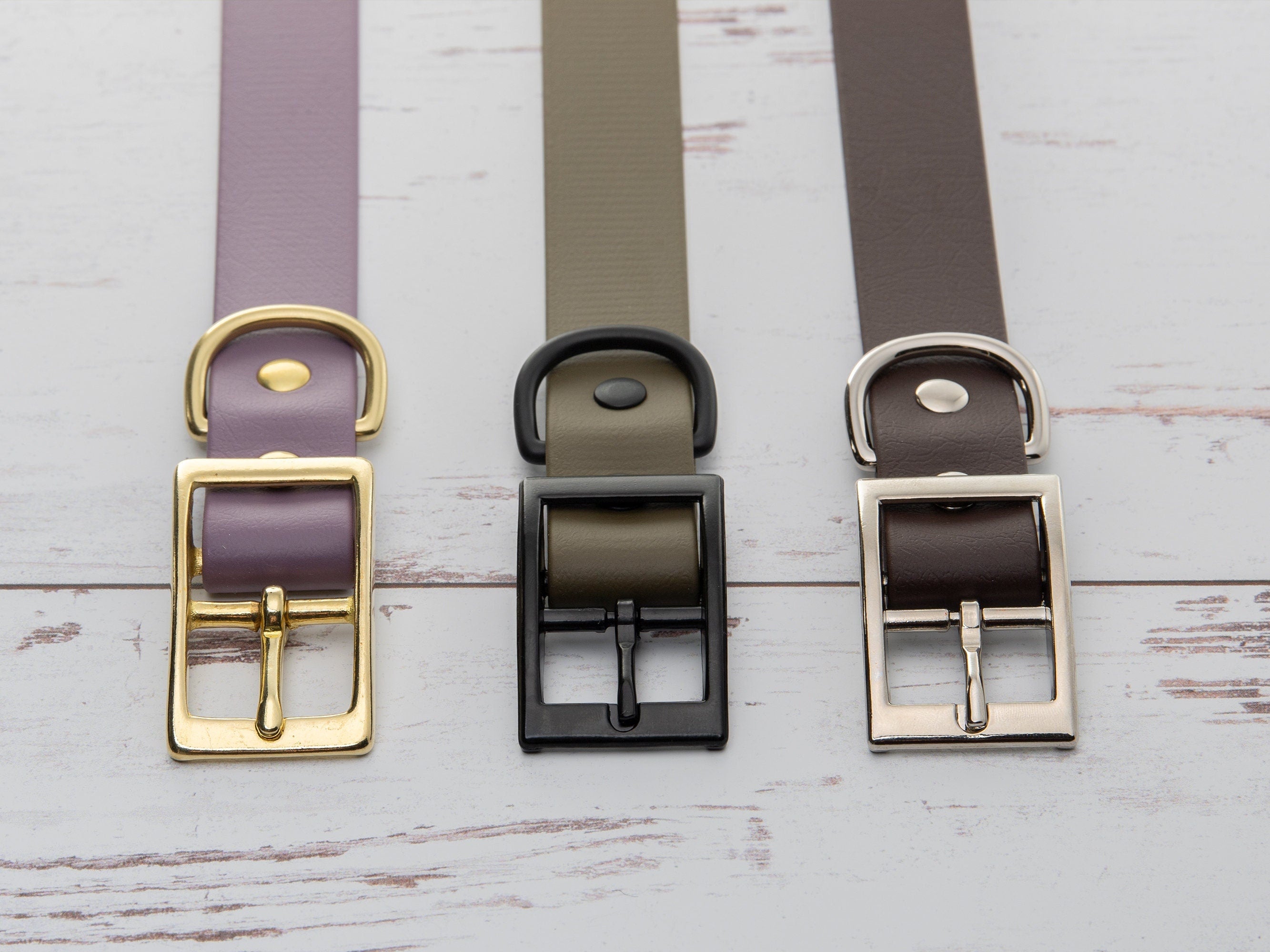 hardware finishes on biothane buckle collars in solid brass, matte black and chrome plated