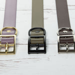 Biothane buckle hardware finishes in solid brass, matte black and chrome plated