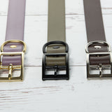 Biothane buckle hardware finishes in solid brass, matte black and chrome plated