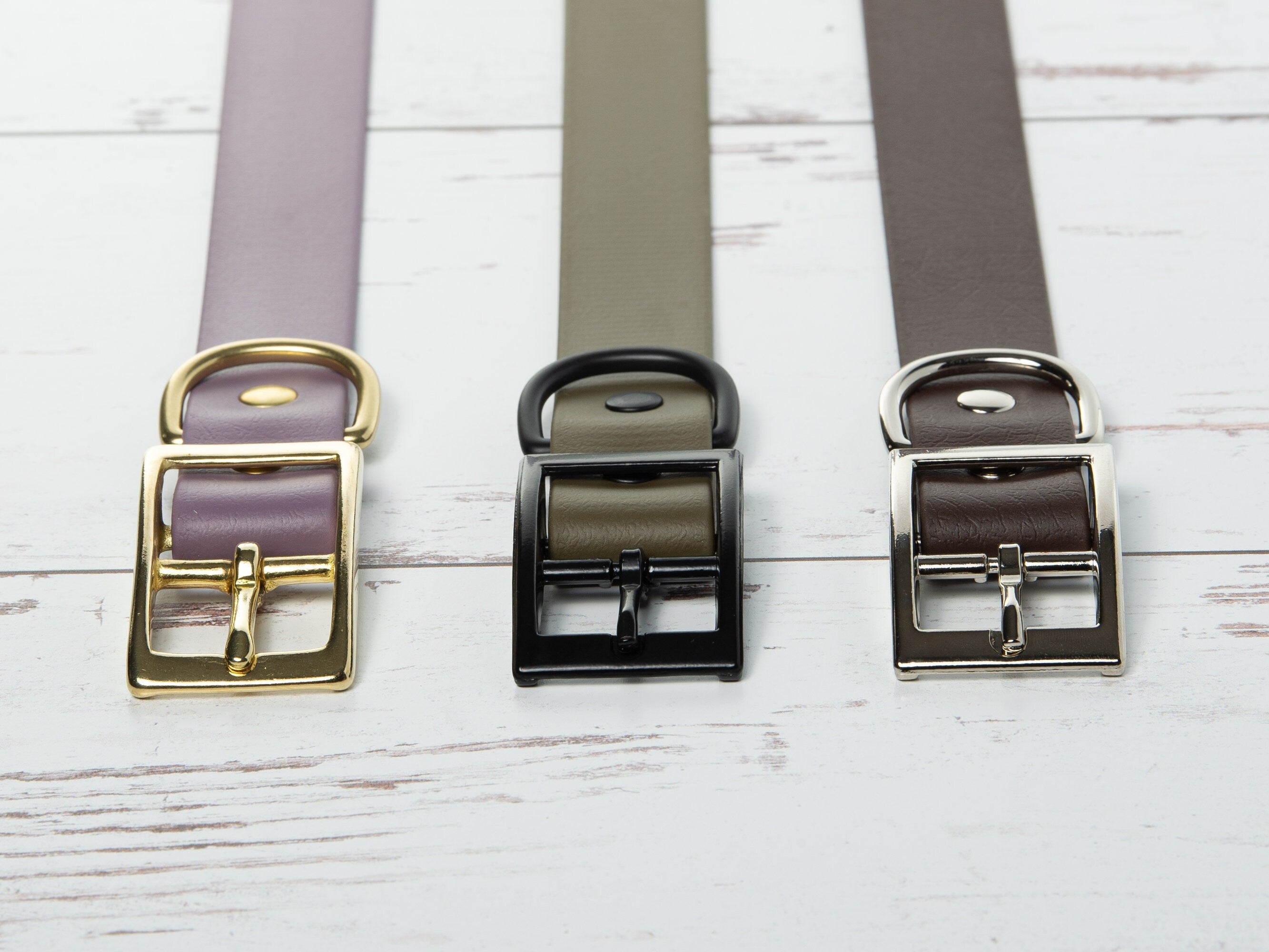 Biothane buckle hardware finishes in solid brass, matte black and chrome plated