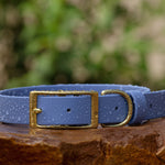 periwinkle biothane buckle dog collar with solid brass hardware