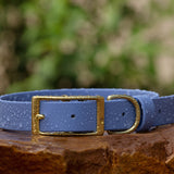 periwinkle biothane buckle dog collar with solid brass hardware