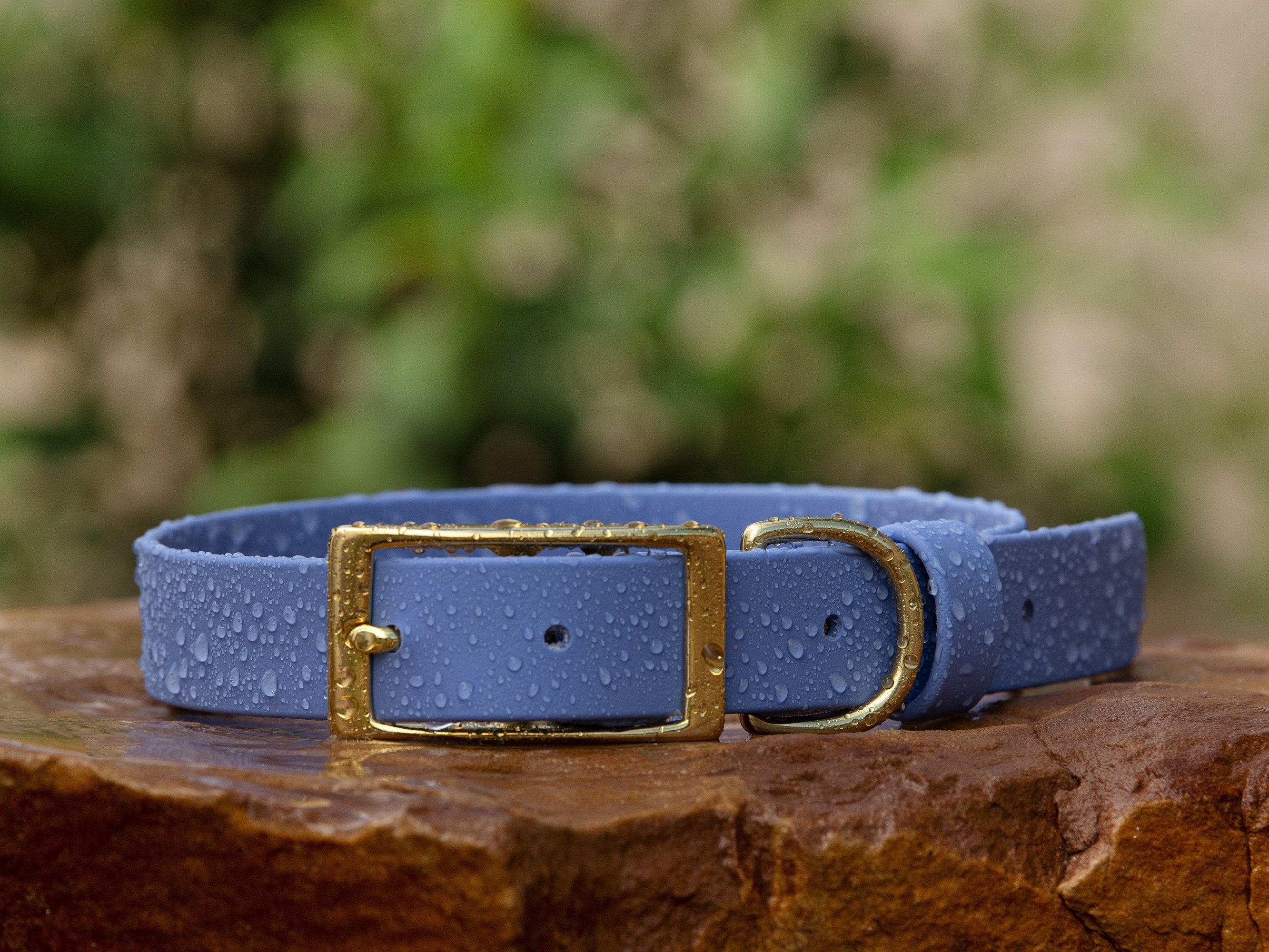 periwinkle biothane buckle dog collar with solid brass hardware